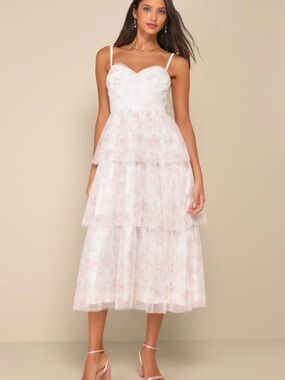 Romantic Babe White Floral Mesh Sleeveless Midi Dress NWT